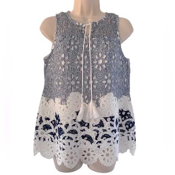 Cato Tops - LAST CHANCE Cato Navy White Eyelet Cutout Sleeveless Blouse Tassels